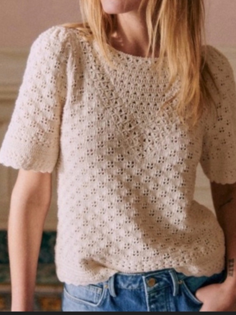 Sezane Lelia Cream Crochet-Style Scoop Neck Sweater